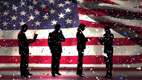 colorful confetti falling over of silhouettes of business people against us flag