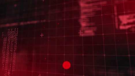 animation of data processing over grid and floating red spots of light in background