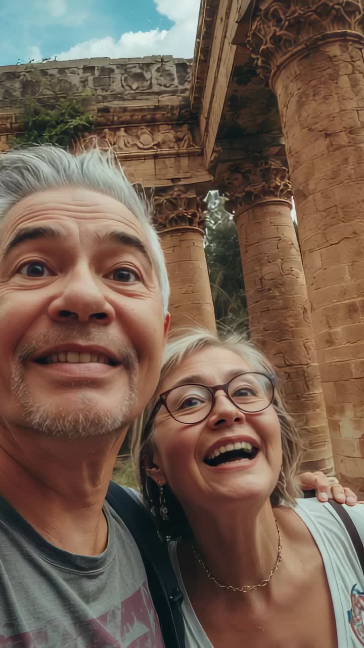 Vertical video: Leaning couple posing selfie by stone columns, capturing trip with phone, glasses