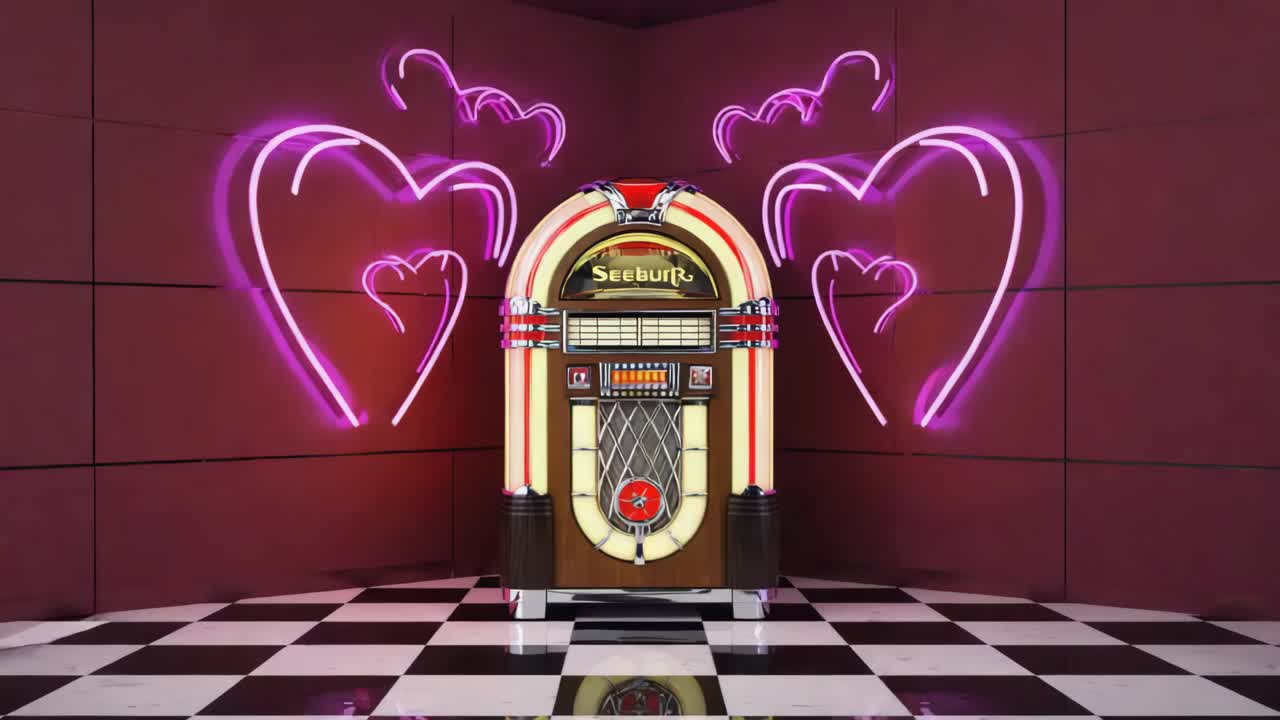 Jukebox with Neon Heart Decorations