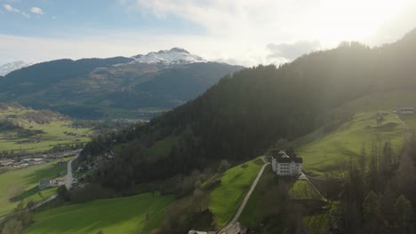 Aerial-of-a-swiss-mountain-valley-in-summer-at-sunset