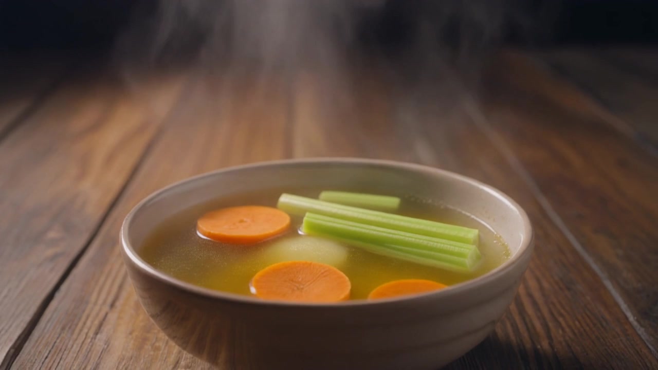 Ciotola fumante di zuppa di verdure fresche su tavolo di legno
