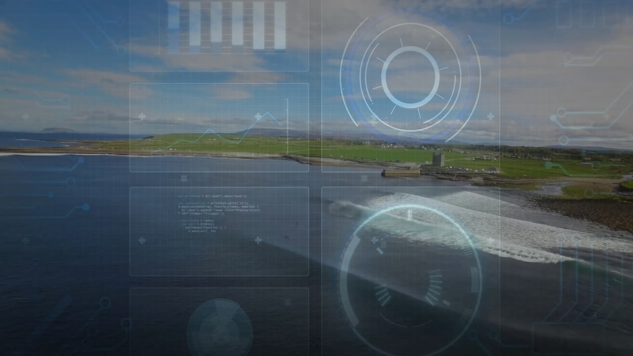 Stone watchtower ruin sitting on grassy bluff, ocean waves crashing under translucent HUD overlay