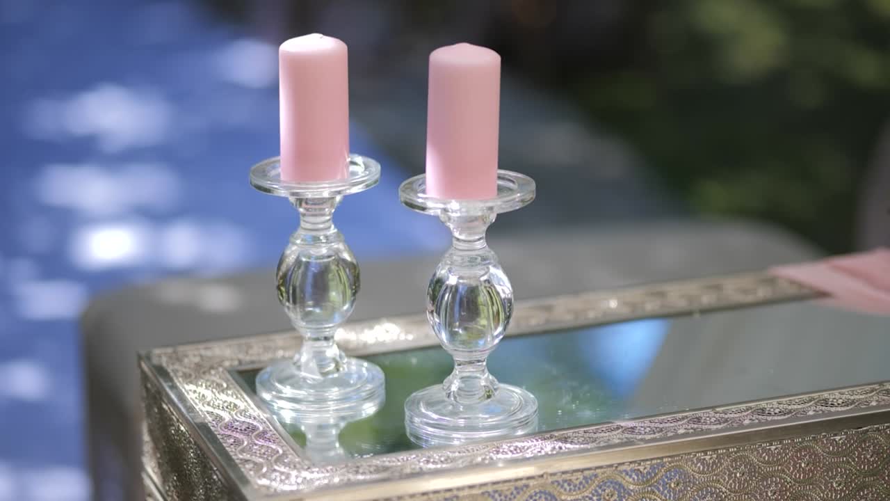 Elegant Candles and Candlesticks Wedding and Christening Party Decoration in Slow Motion