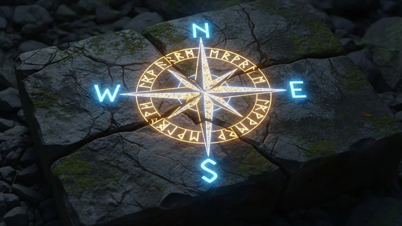Illuminated Compass on Mossy Stones: A Glowing Symbol of Navigation and Discovery Set Against a Natural Stone Background, Highlighting Archways of Light and Texture
