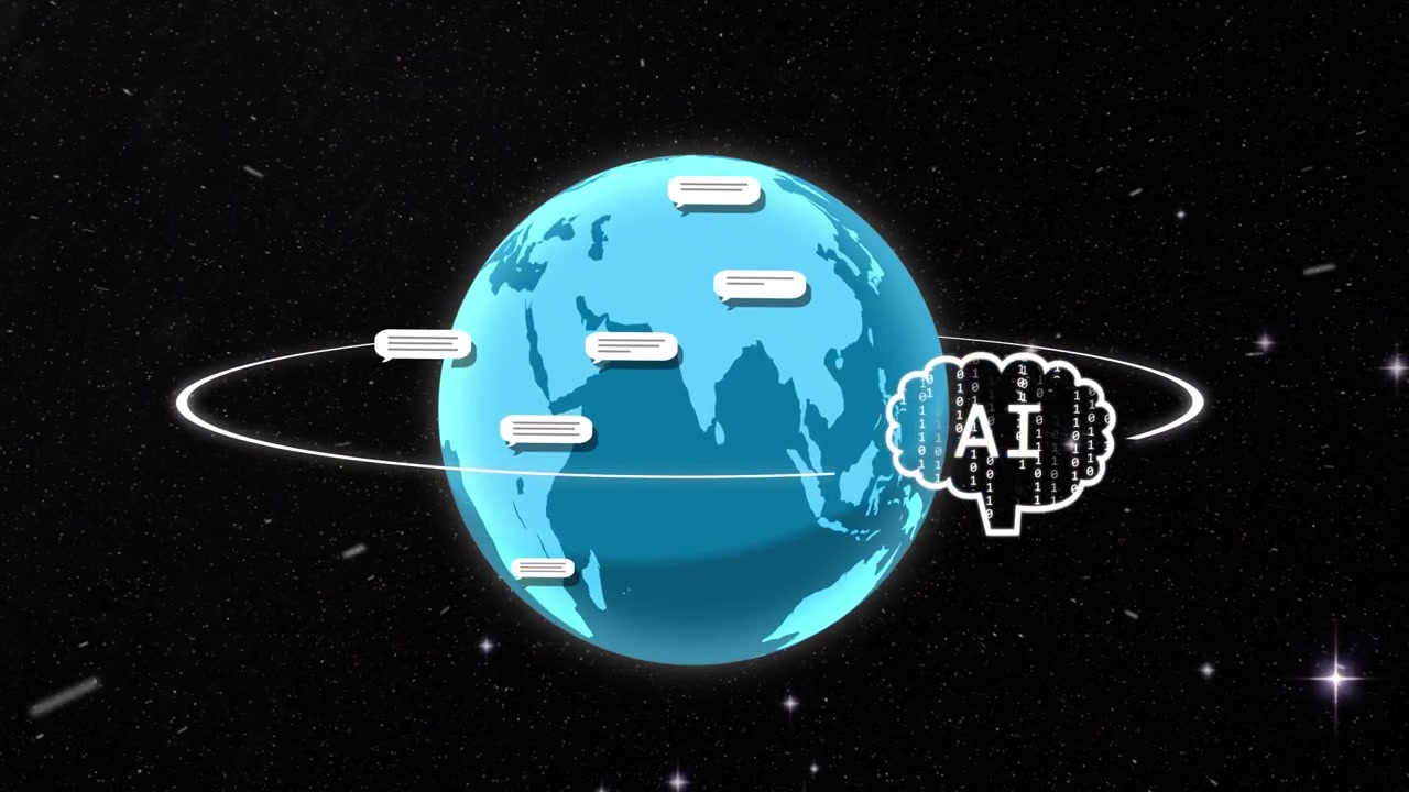 Animation of cloud with ai text and notifications spinning around globe over galaxy