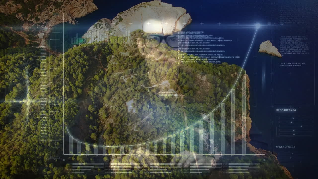 Man with glasses and data charts animation over aerial view of forested coastline