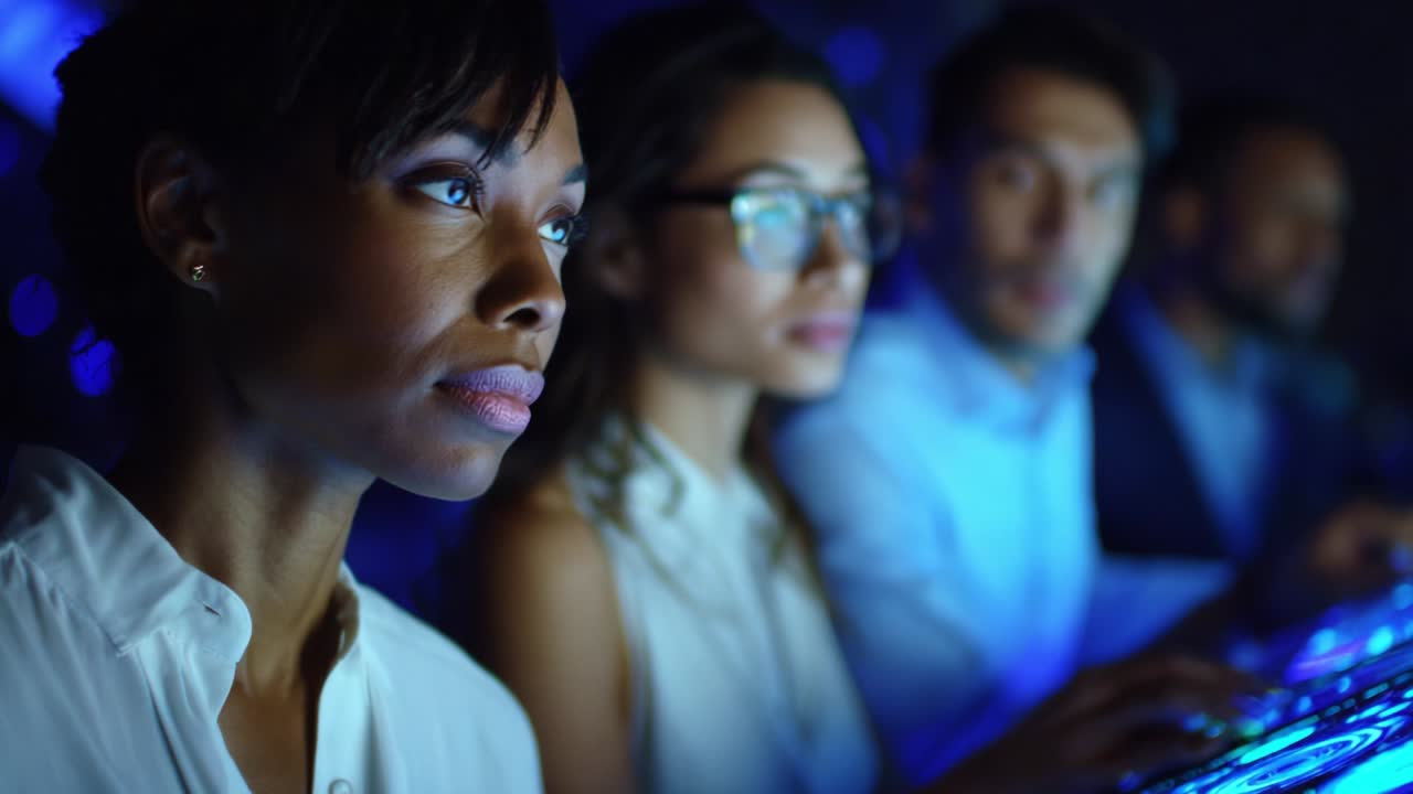 Focused Individuals Engaged in Technology-Driven Environment, Capturing Collaborative Moments as They Interact with Interactive Screens in a Serene Blue-Illuminated Room