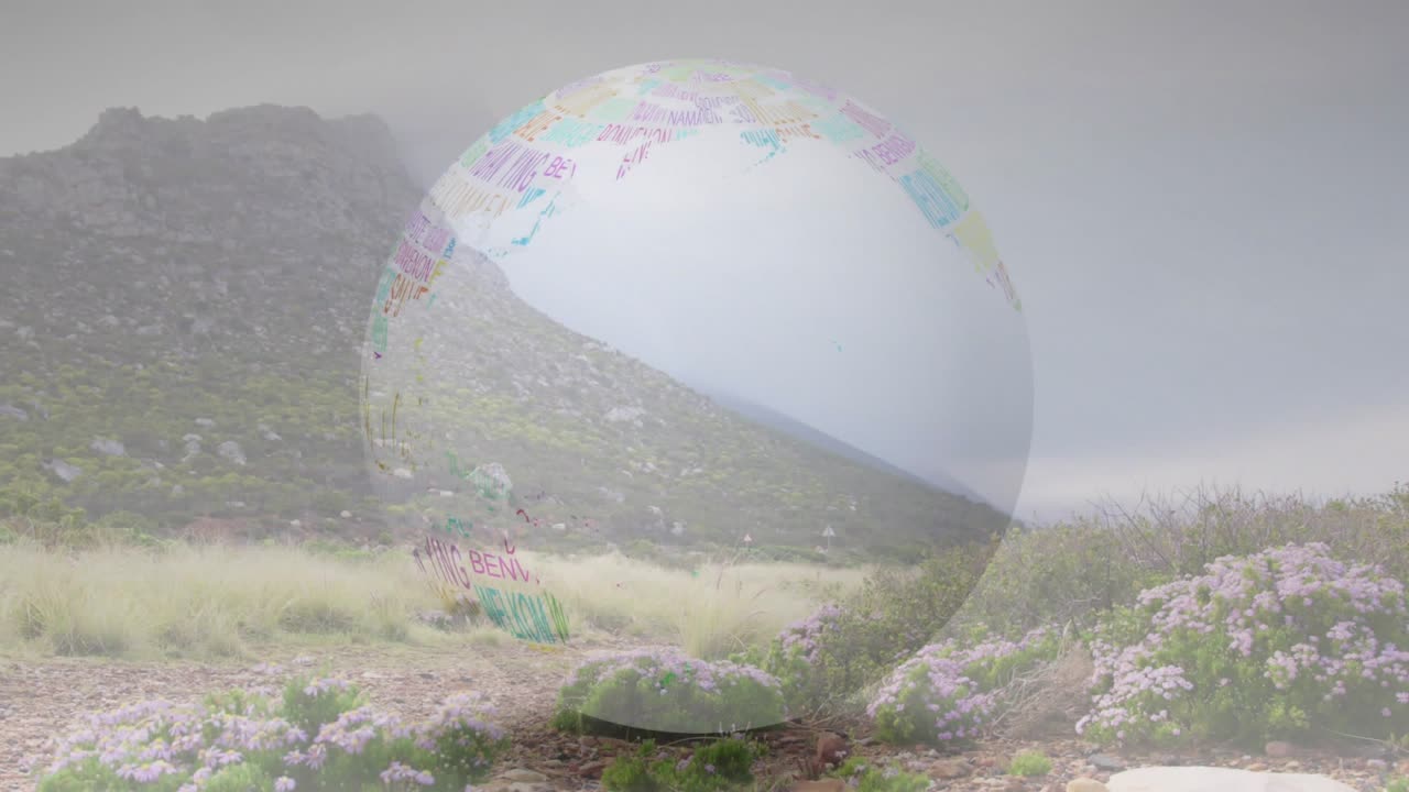 Globo de texto entrando pela direita, movendo-se para a esquerda e girando, sobrepondo um campo, mostrando saudações de viagem.