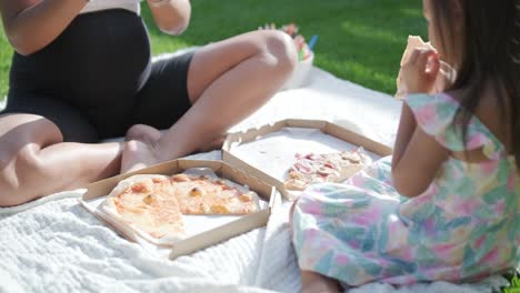 una madre e hija disfrutan de un picnic de verano al aire libre en un césped cubierto de hierba, compartiendo pizza y pasando tiempo de calidad juntos en un día soleado. la escena de unión familiar refleja ocio y relajación.