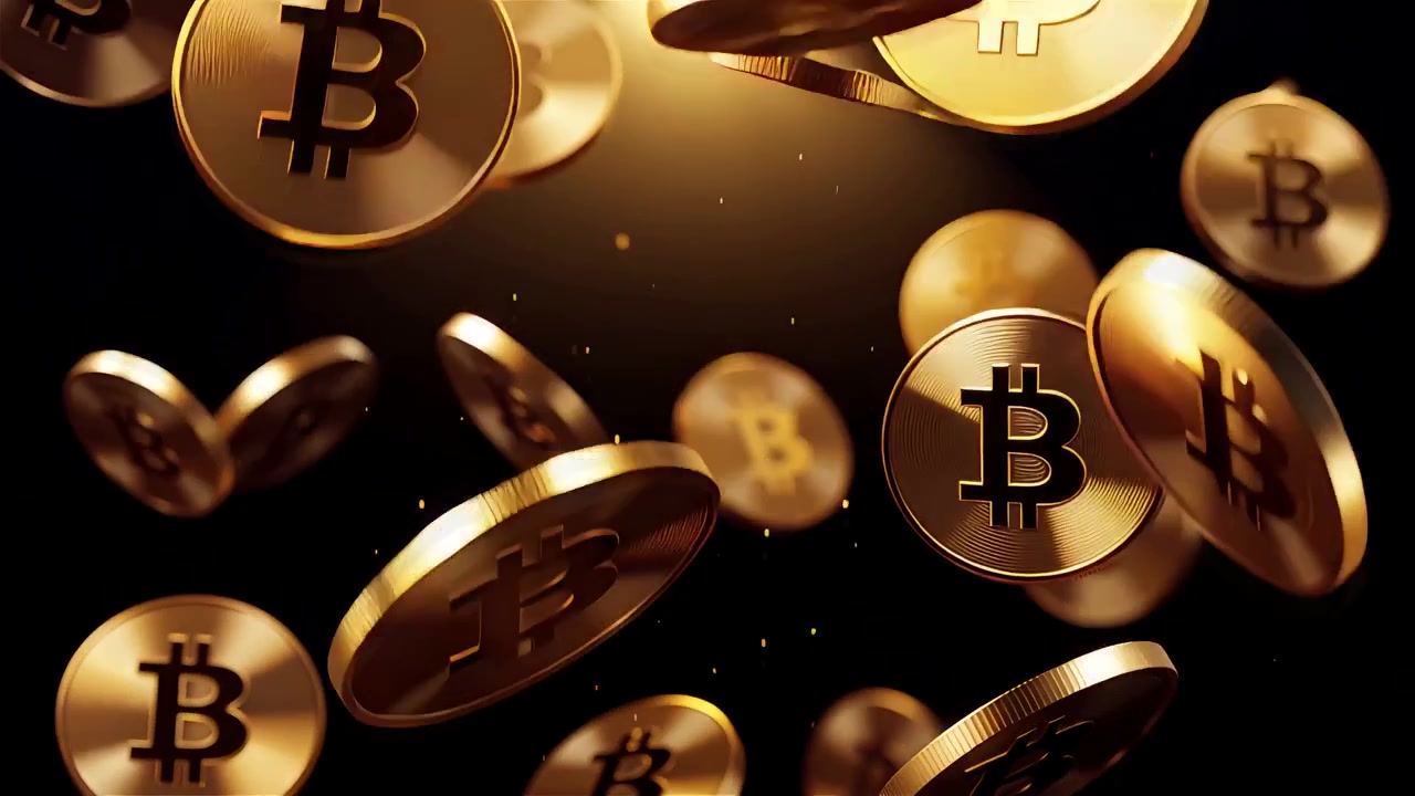 Bitcoin girando em fundo preto dramático 4K