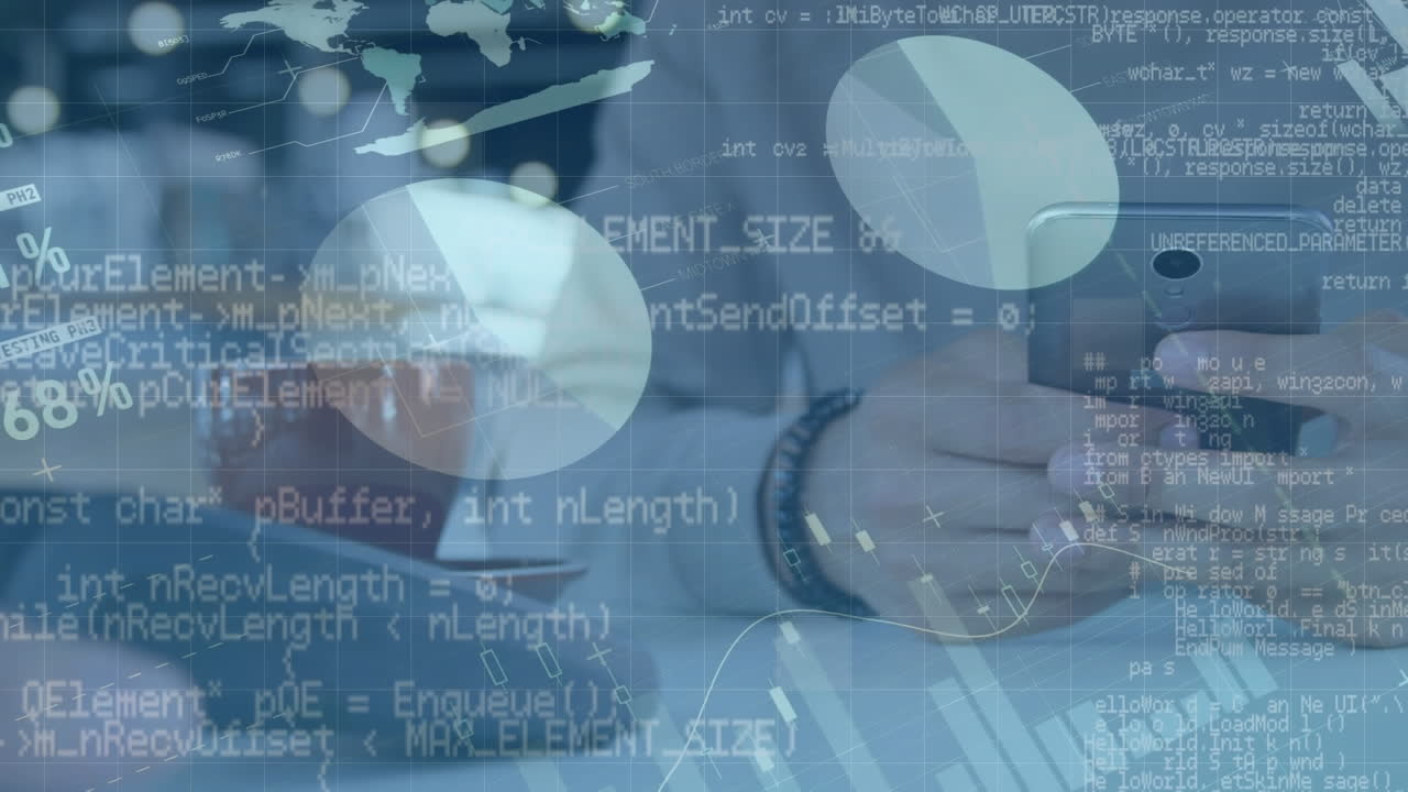 Digital animation showcases global business data with codes and graphs.