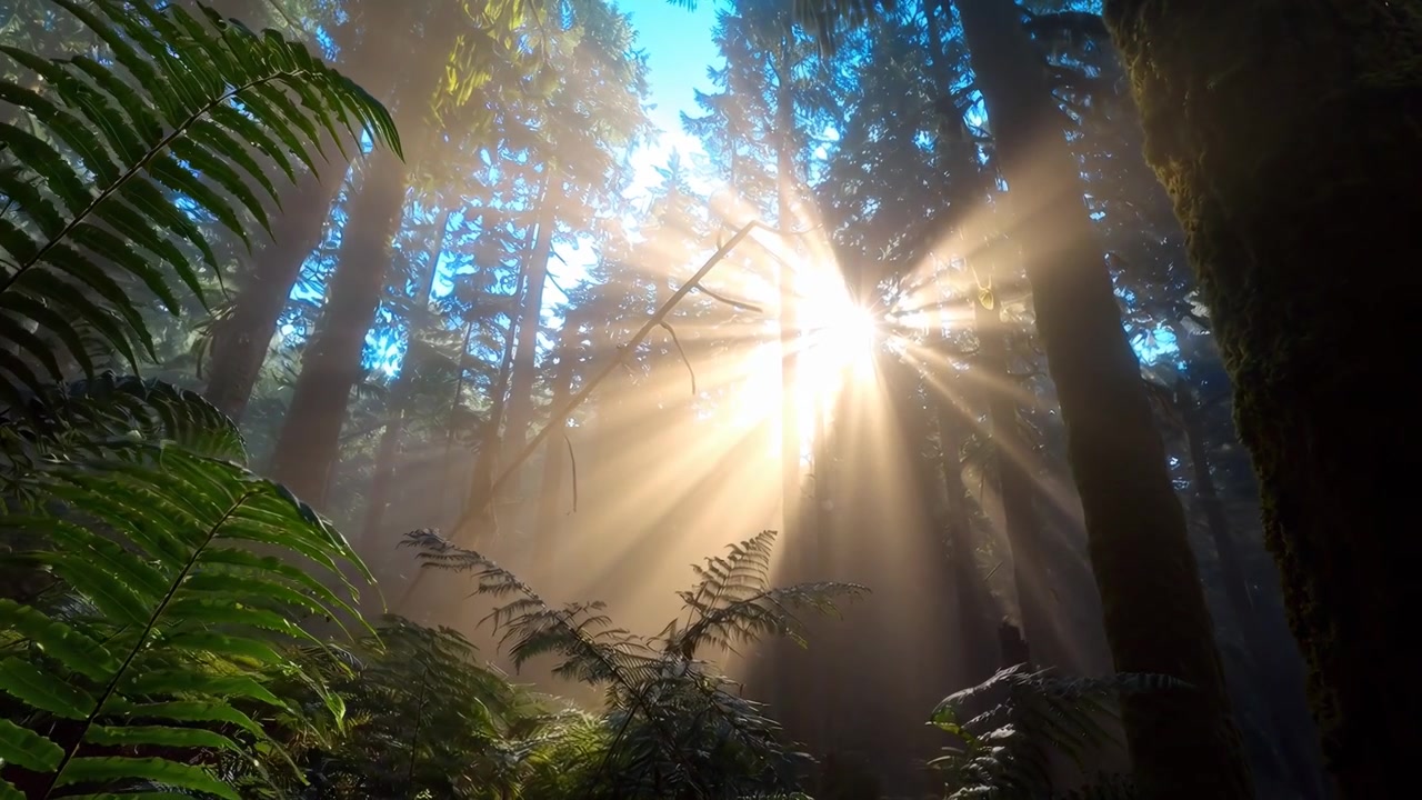 Sunlight Streaming Through Trees in a Misty Forest