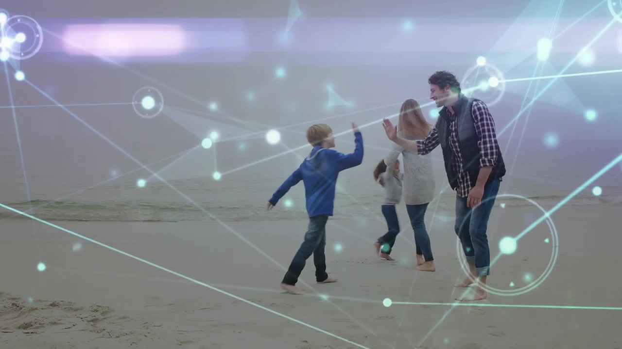 Family approaching right, playing then walking toward sea, node overlay showing bonding, marketing