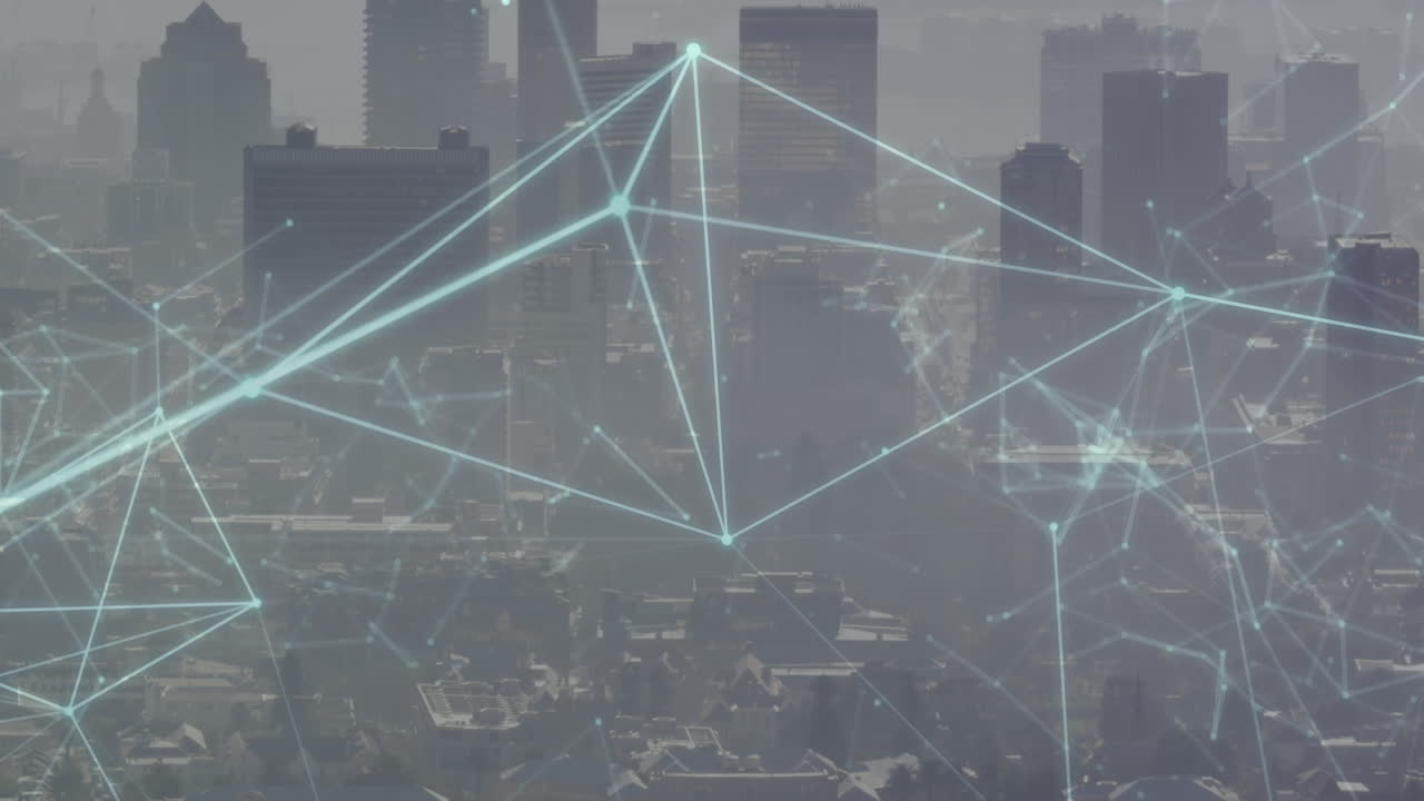 Animation of network of connections data processing over cityscape