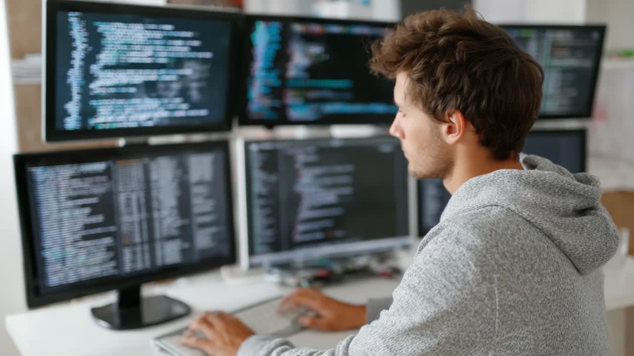 Focused Programmer Analyzing Code on Multiple Monitors, Engaged in Development and Problem Solving at a Modern Workspace