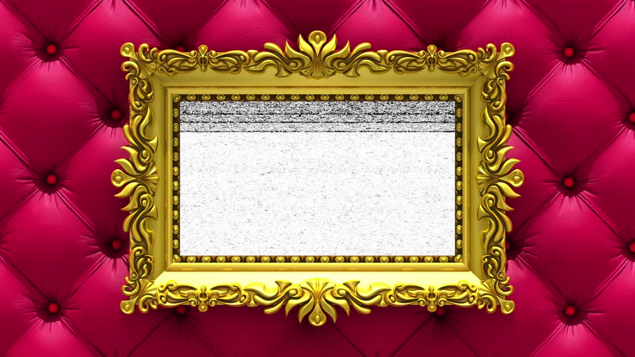 tapicería de lujo roja en el fondo. ruido de la televisión y tecla de croma verde juega en la pantalla en marco de imagen de oro adornado. intro animado en 3d.