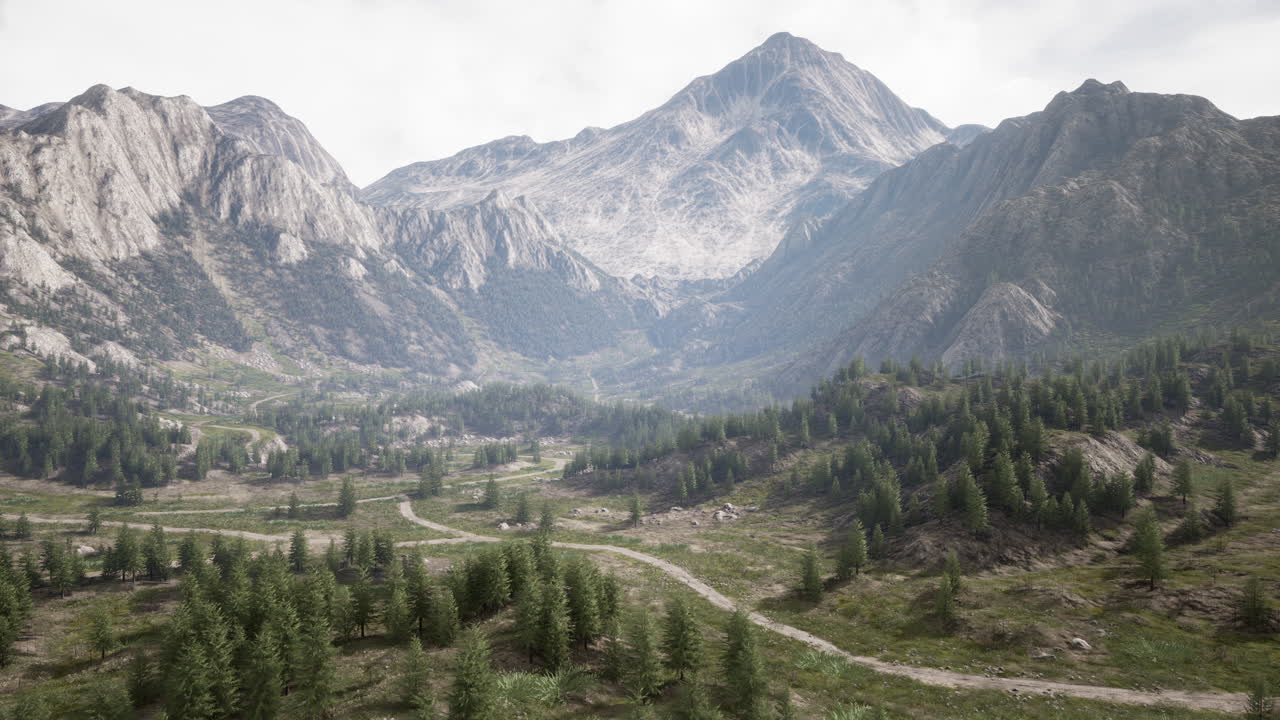 una impresionante vista de un valle montañoso, con un bosque en primer plano y un majestuoso pico en el fondo