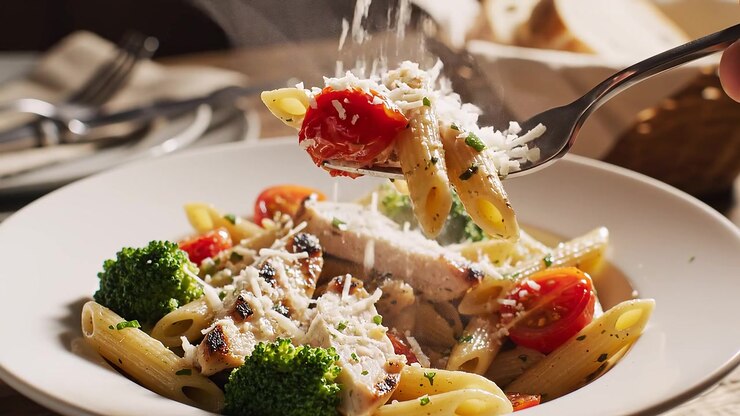 Penne con pollo grigliato, broccoli freschi e pomodori
