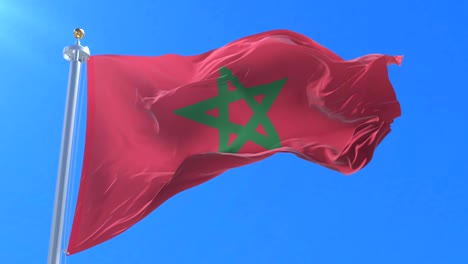 flag of morocco waving at wind in slow in blue sky, loop