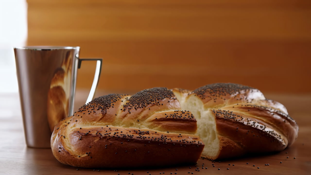 Braided Challah Loaf And Metal Mug, Warm Morning Light On Wooden Table, Poppy Seeds Scattered Across Golden