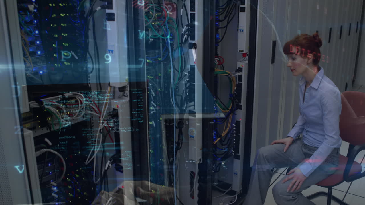 animación del procesamiento de datos a través de servidores informáticos y ingeniera informática caucásica