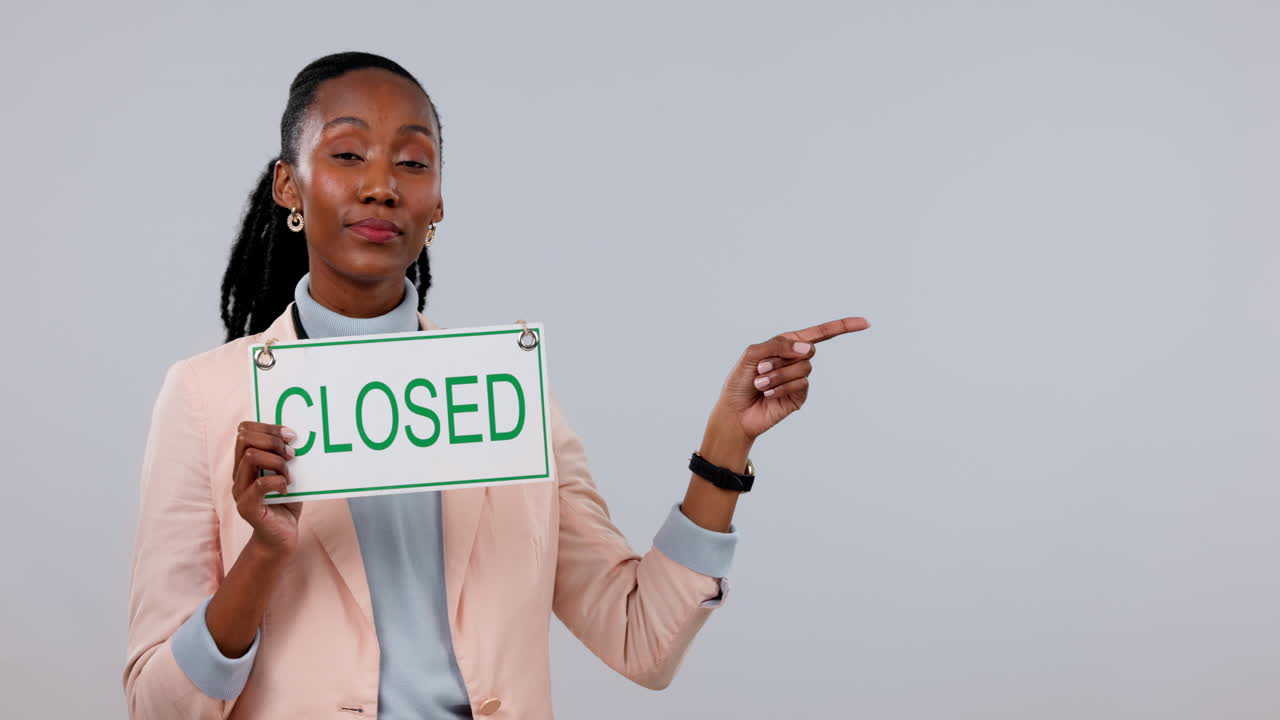 Black woman, closed sign and pointing of small
