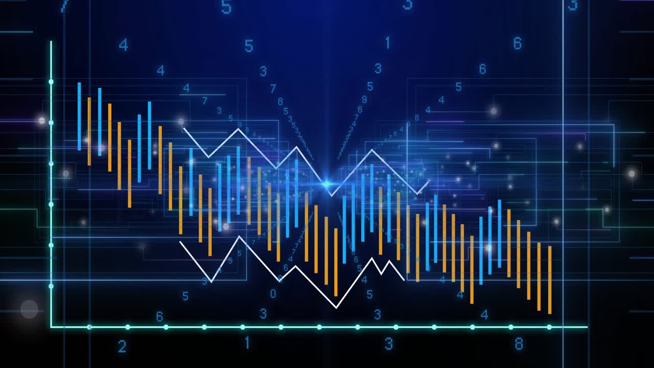 Blue and orange bars emerging on axis streaming rightward with white overlay highlighting peaks