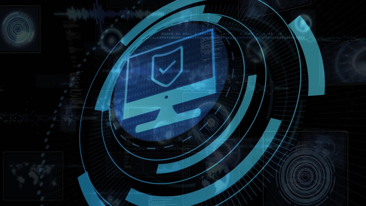Digital security shield animation over computer screen with binary code background