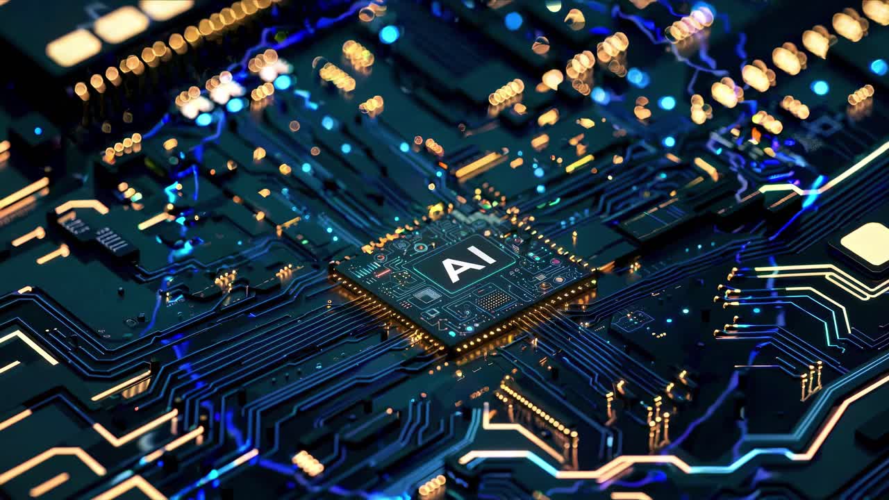 Aerial view of a glowing AI microchip on a circuit board, showcasing futuristic technology