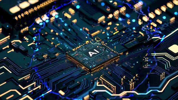 Luftfoto af en glødende AI-mikrochip på et printkort, der viser futuristisk teknologi