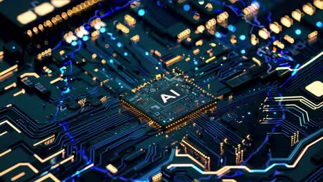 aerial view of a glowing ai microchip on a circuit board, showcasing futuristic technology