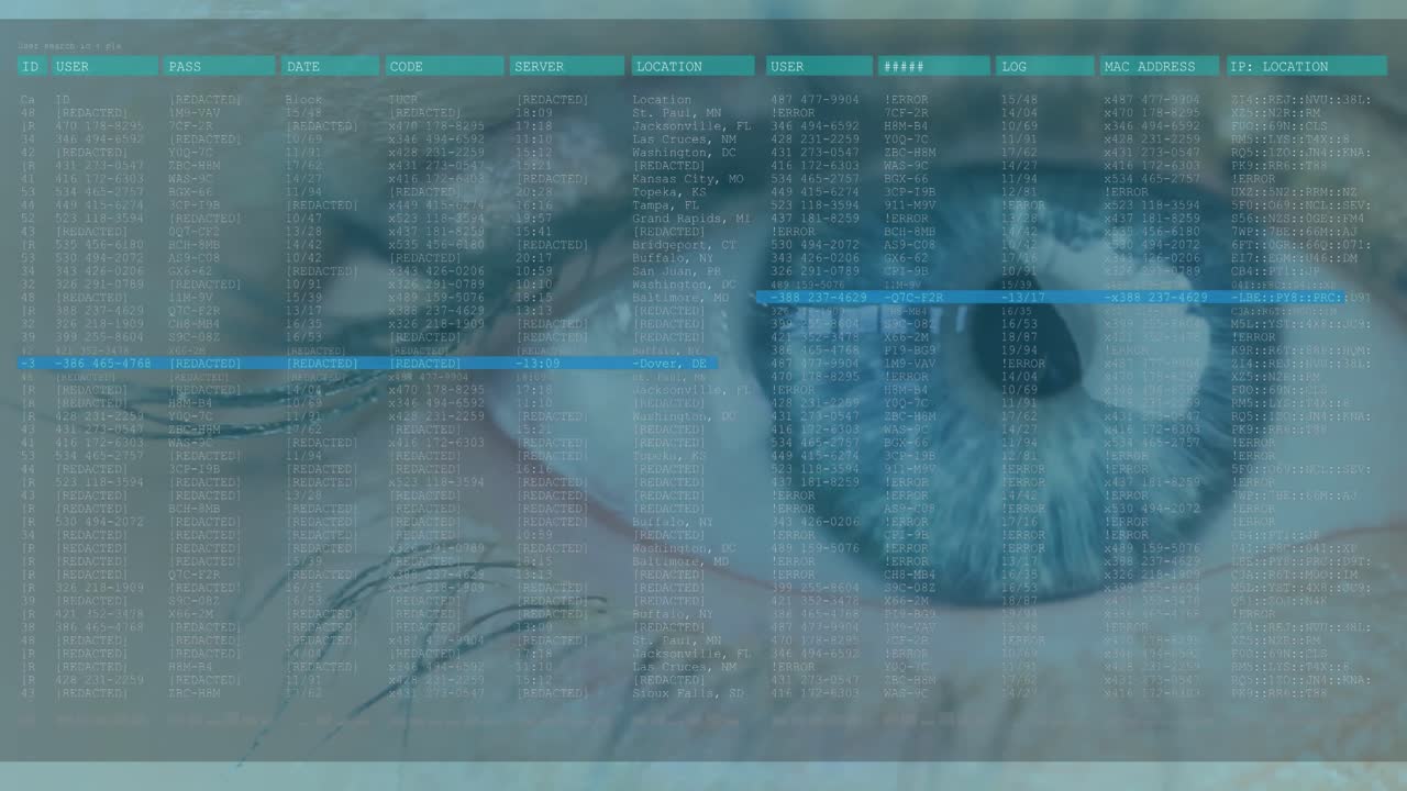 Animation of woman's blue eye with fast scrolling digital information and moving blue lines
