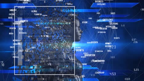 Animation-of-data-processing-and-digital-human-over-shapes-on-black-background