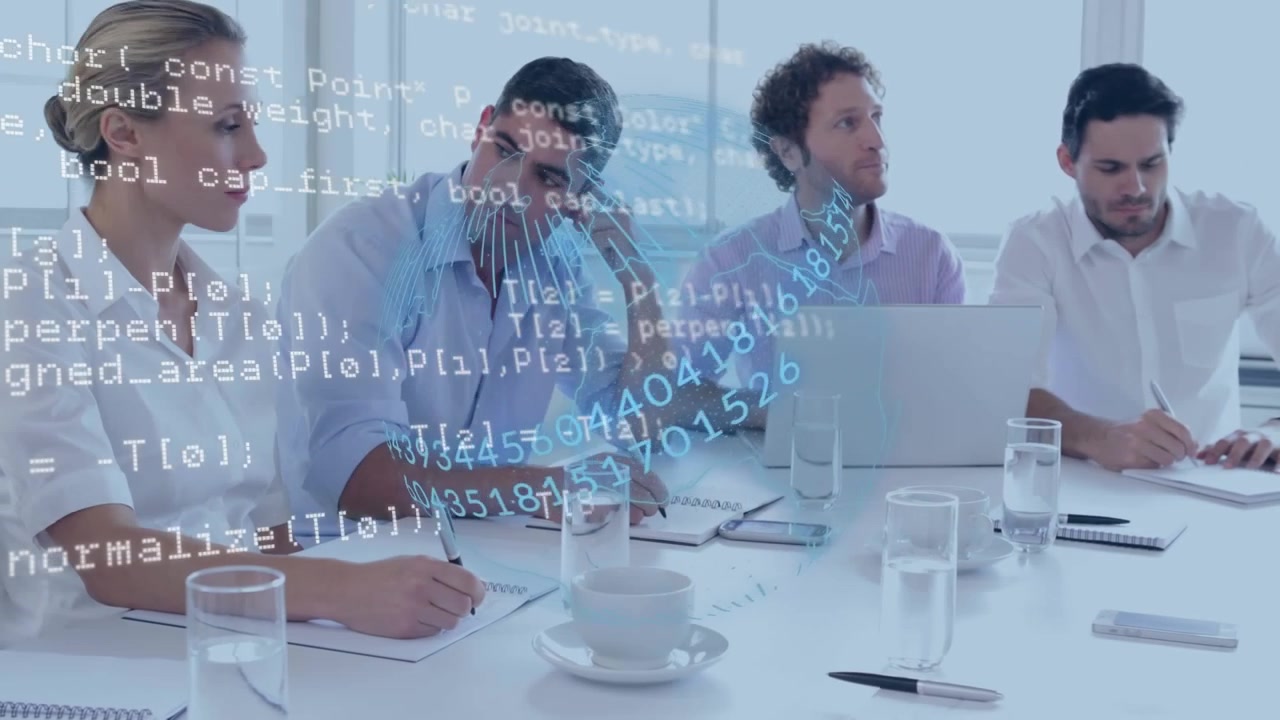 Animation of spinning globe, data processing over diverse businesspeople in meeting room at office
