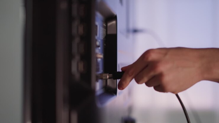 Man hand plugs cable to smart TV on blurred background