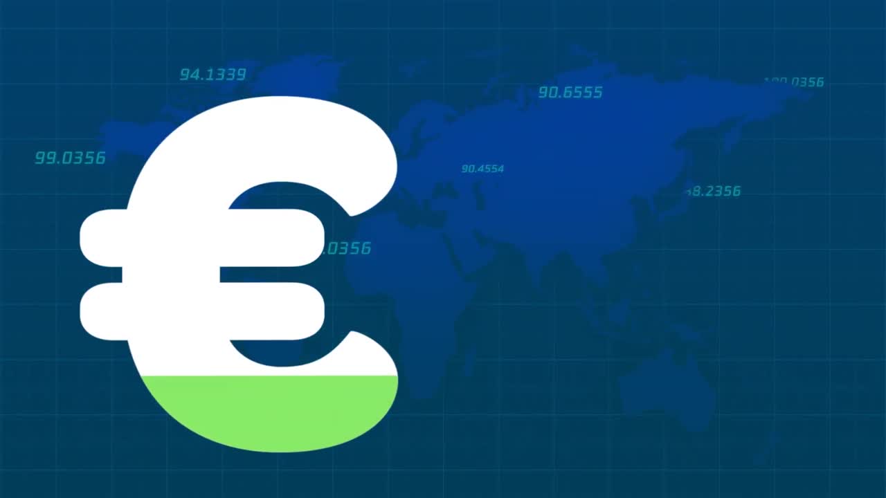 animación del signo del euro que se llena de verde sobre el mapa del mundo y procesamiento de datos financieros