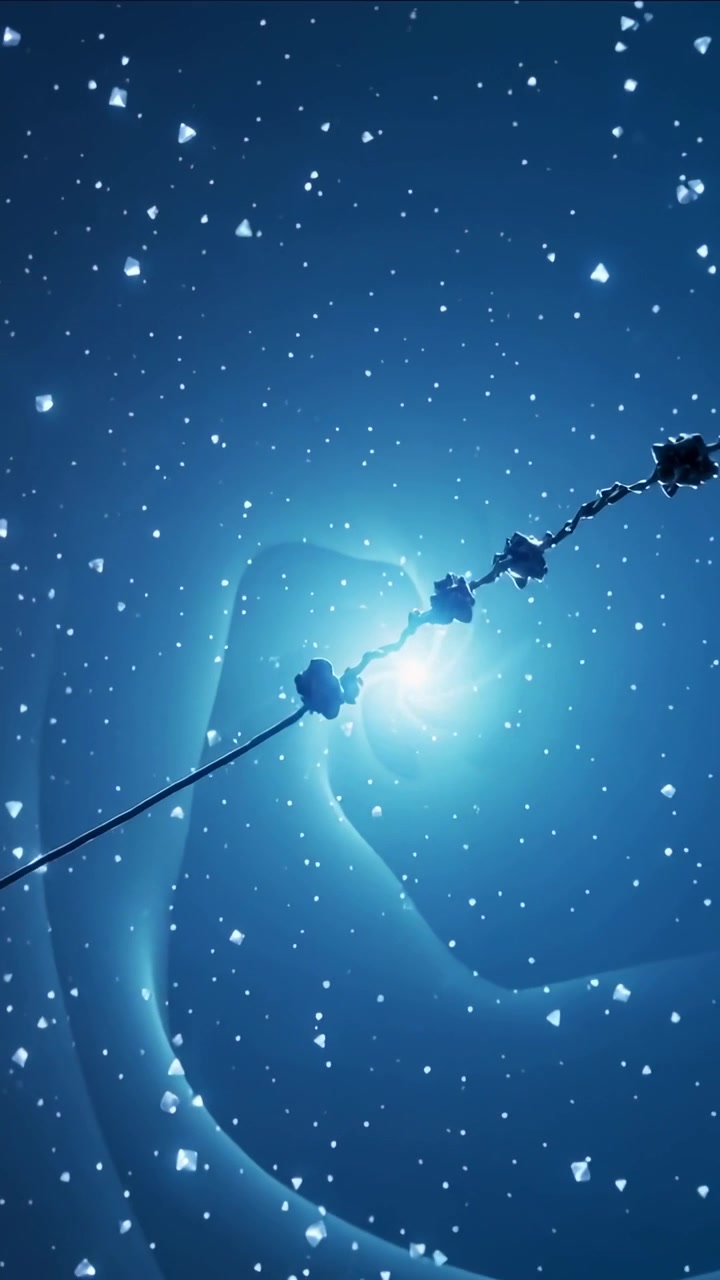 Vertical video: Shifting cable clamps up at night as rotating blue glow driving motion and snowfall