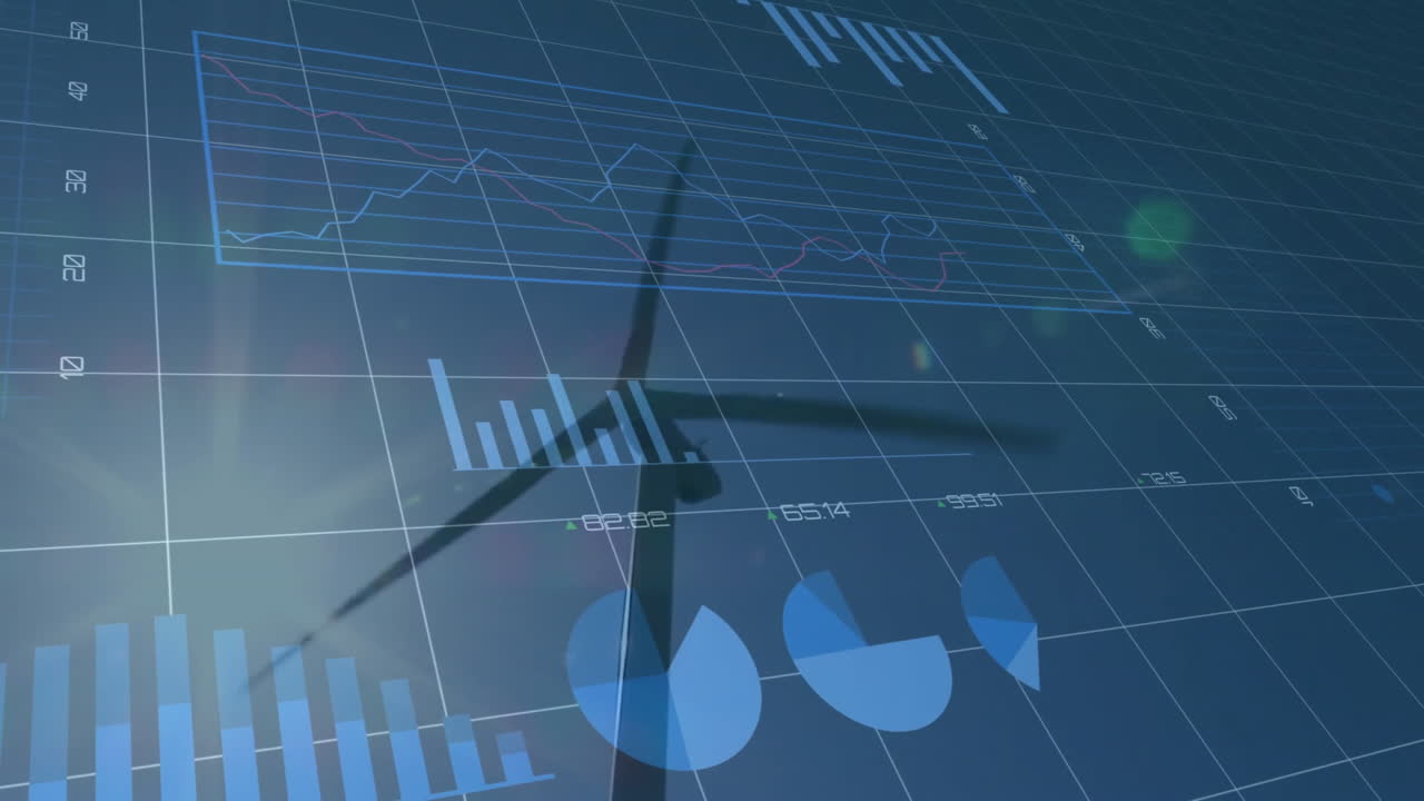 wind turbine silhouette being animated on blue digital grid with data charts and sun lens flare