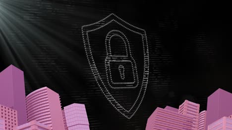 animation of security padlock over cityscape