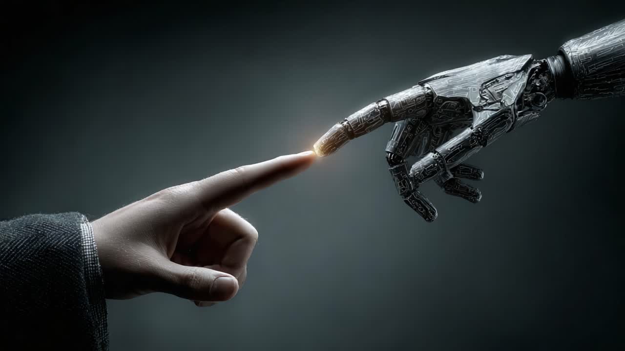 A Captivating Moment of Connection: A Human Finger Touches the Tip of a Robotic Hand, Symbolizing the Intersection of Humanity and Technology in a Stunning Visual Display