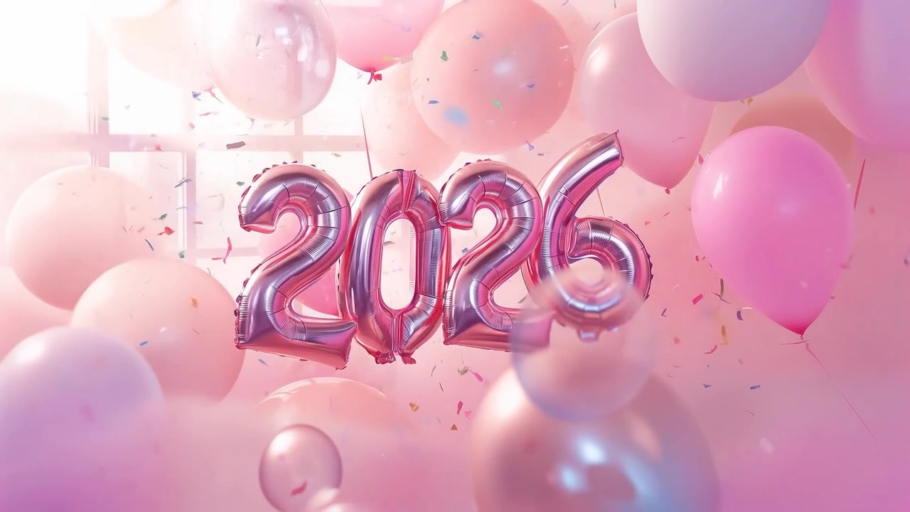 Zoom della telecamera che mostra palloncini con il numero 2026 in studio, mentre la luce a sinistra si intensifica, evidenziando l'atmosfera di festa.