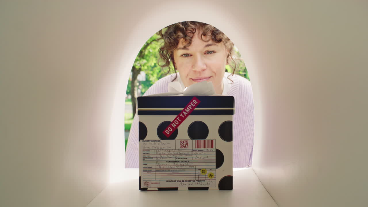 Cheerful Woman Retrieving Gift Box with Postal Label from Mailbox