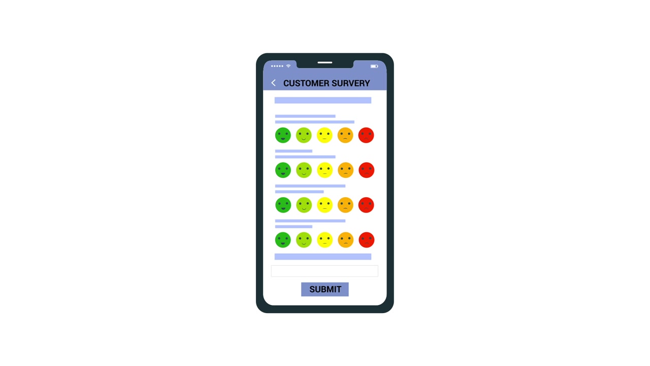 Animated Smartphone Displaying Customer Survey with Emoji Ratings
