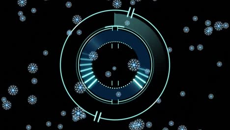 animation of loading circle over falling snow and black background