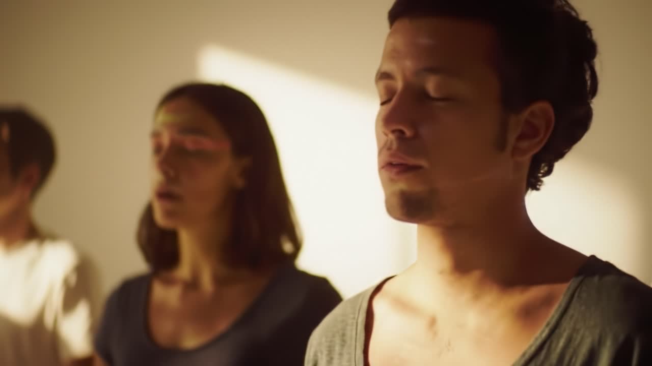 A serene moment of mindfulness and meditation captured in soft light, featuring individuals immersed in tranquility and inner reflection amidst gentle shadows and warm hues