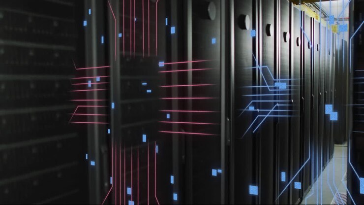 Animation of digital data processing and circuit board over computer servers