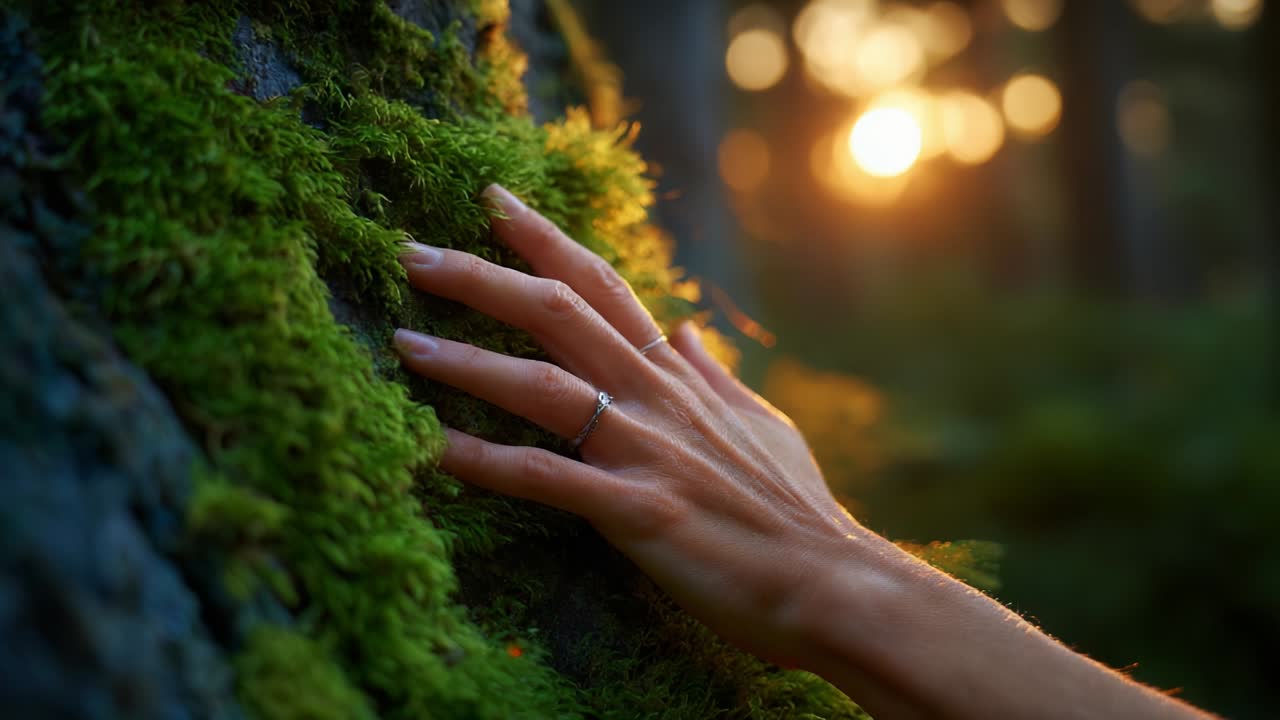 A Serene Moment in Nature: A Gentle Hand Glides Over Luscious Green Moss on a Tree as the Sun Sets, Entirely Capturing the Tranquility and Beauty of the Forest Environment Around It