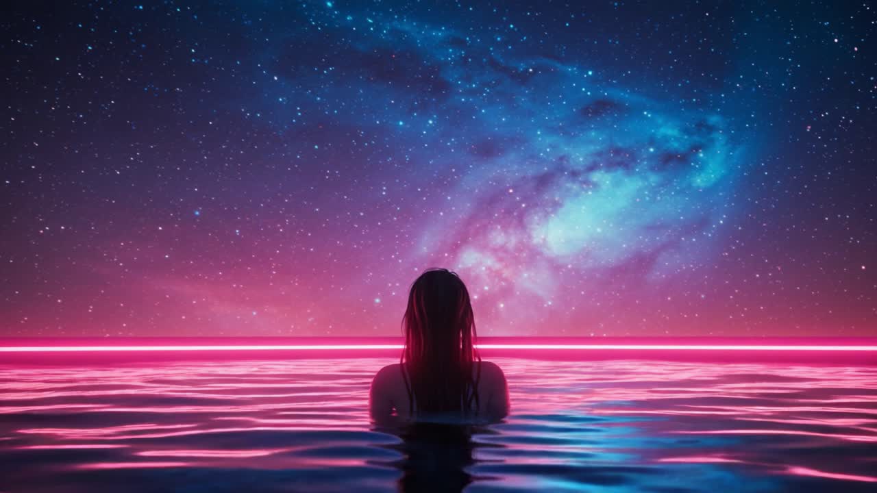 A Serene Contemplation: A Figure Gazes into the Cosmic Abyss, Merging Elements of Water and Stars in a Tranquil Nighttime Scene