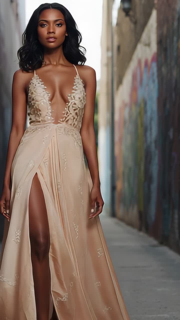 Vertical video: Model stepping into frame on walkway past graffiti walls, showcasing beige gown